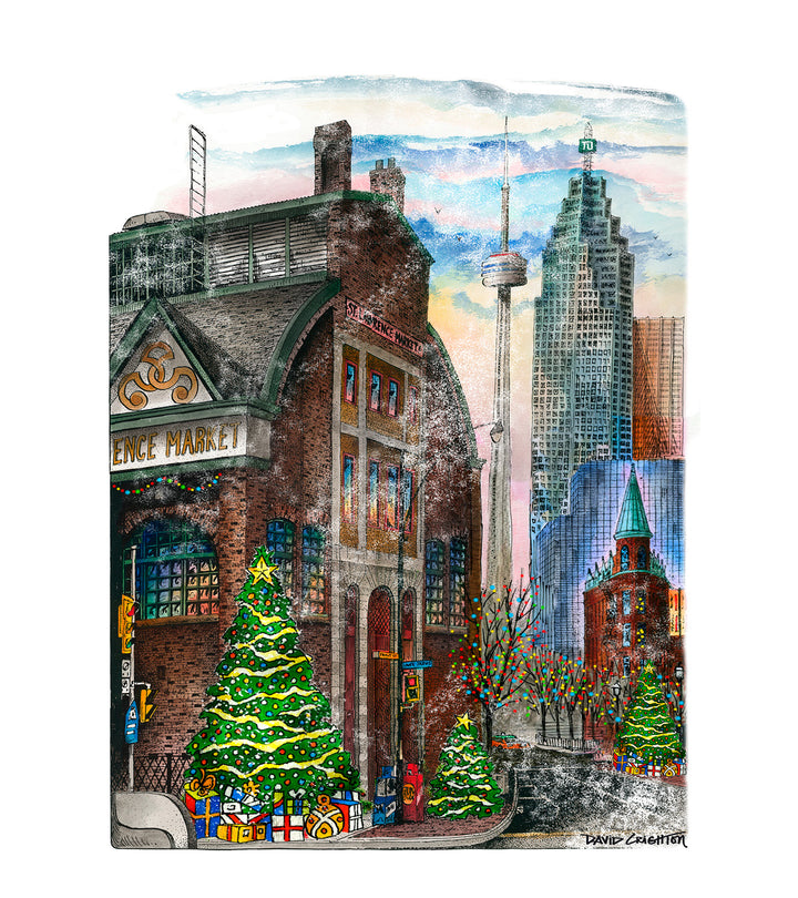 Illustration of a cityscape with Christmas trees and festive decorations. St. Lawrence Market. 