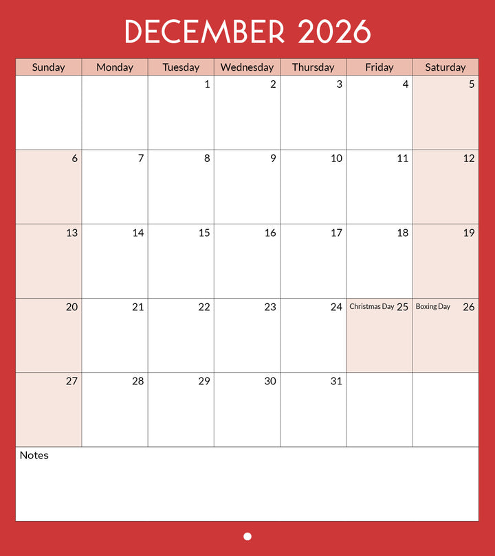 Calendar for December 2026 with a red border