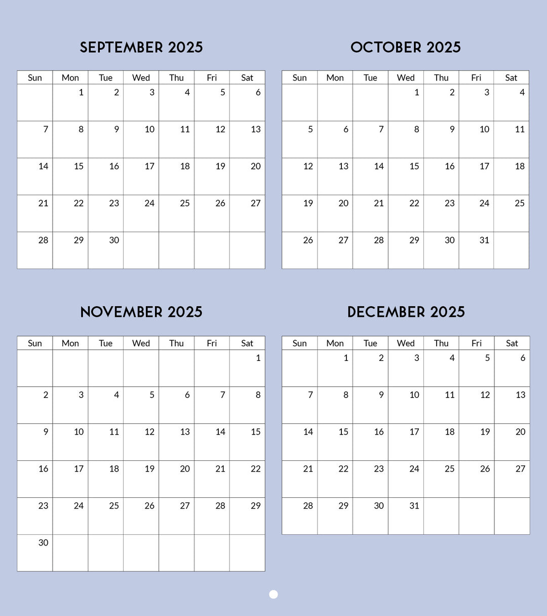 Four-month calendar for September to December 2025 on a light blue background.