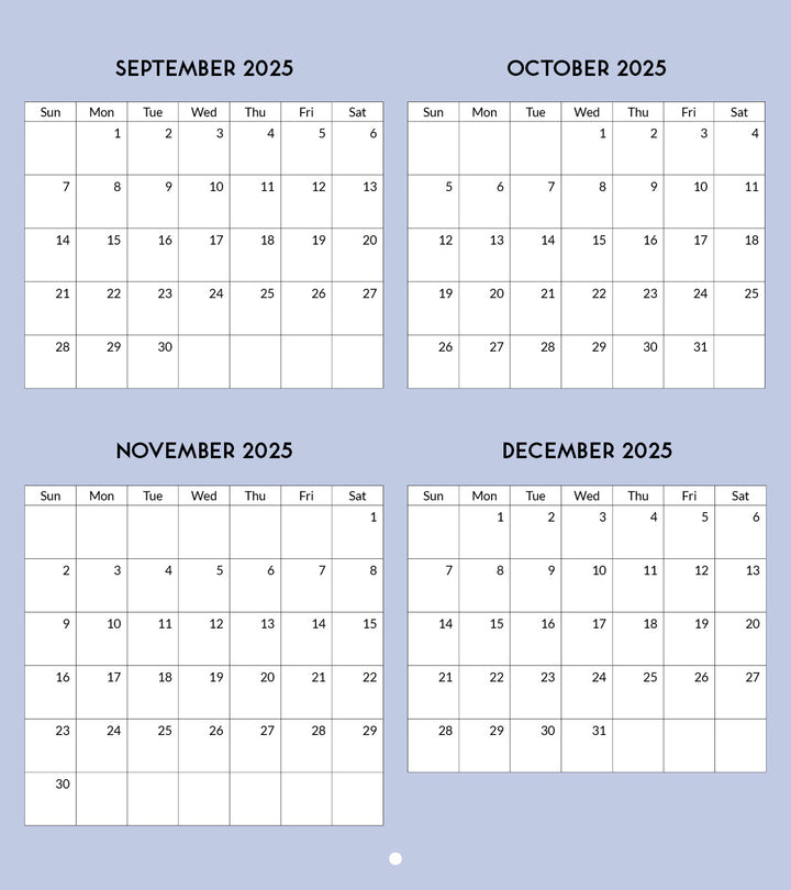 Four-month calendar for September to December 2025 on a light blue background.