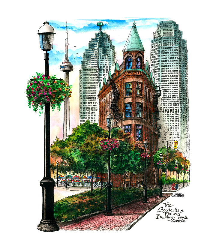 Illustration of a city street with a prominent building and tall skyscrapers. Flatiron Building. 