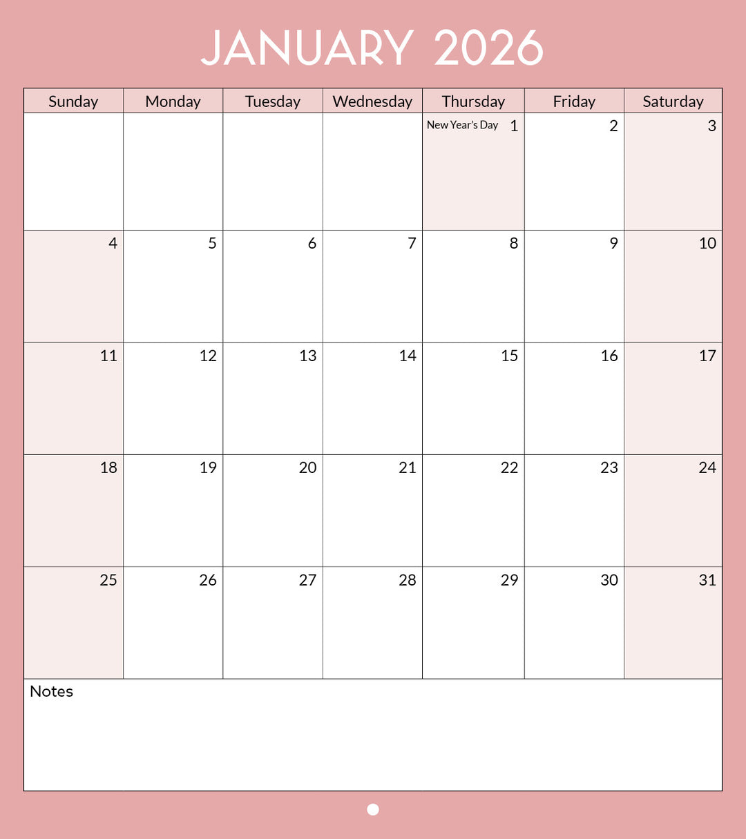 January 2026 calendar on a pink background