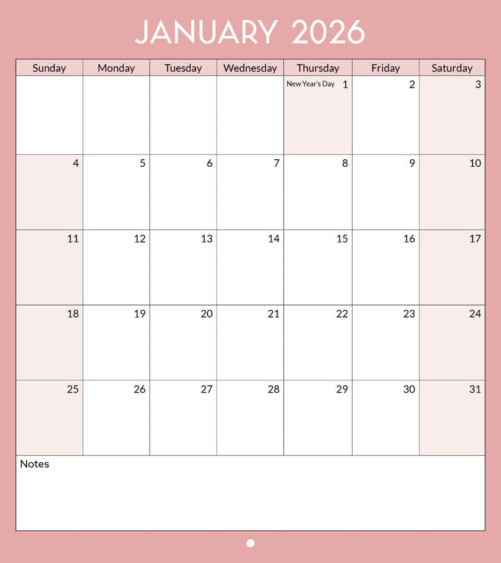 January 2026 calendar on a pink background