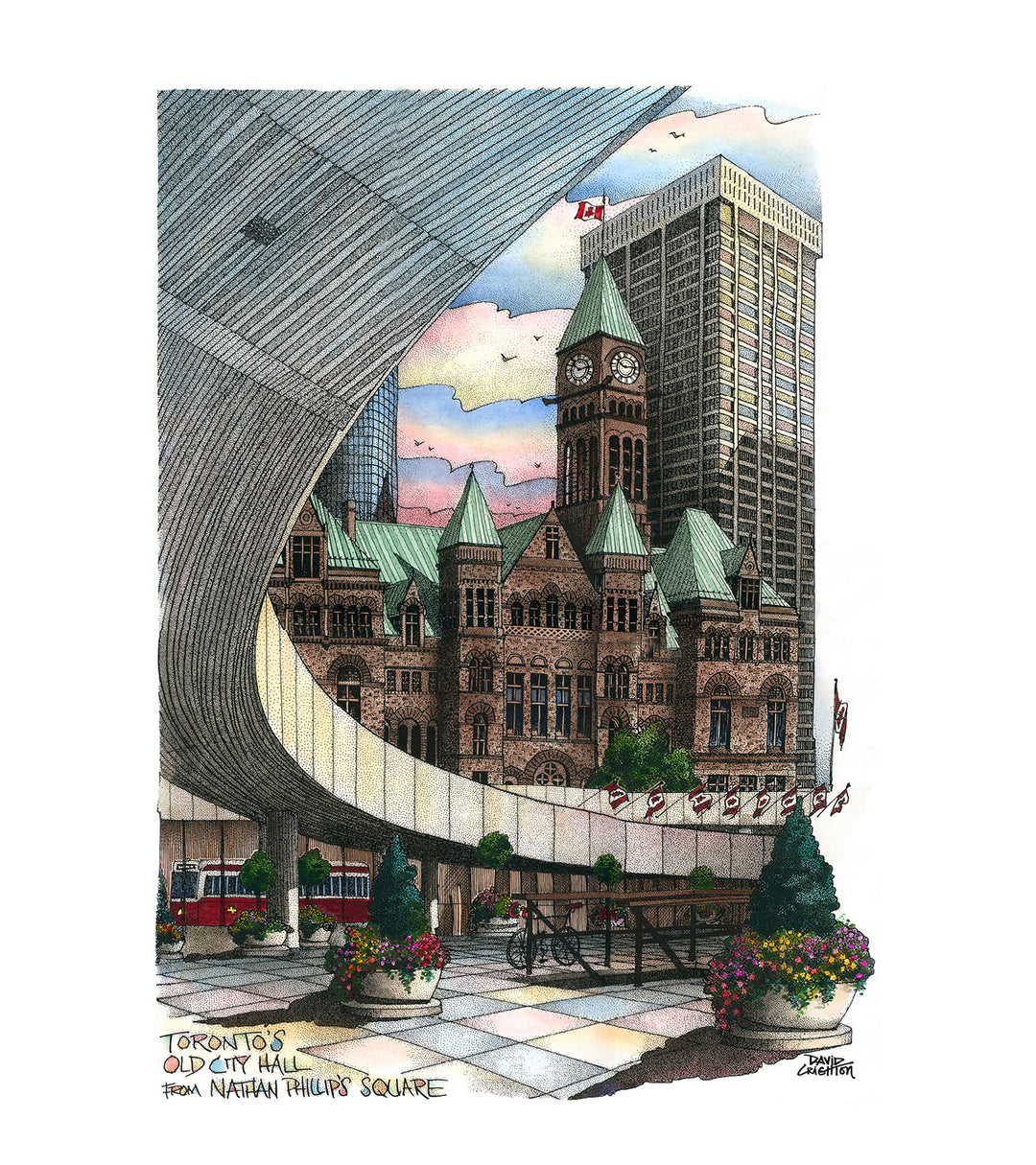 Illustration of a cityscape with a prominent clock tower and modern high-rise building. City hall and Nathan Philips Square. 