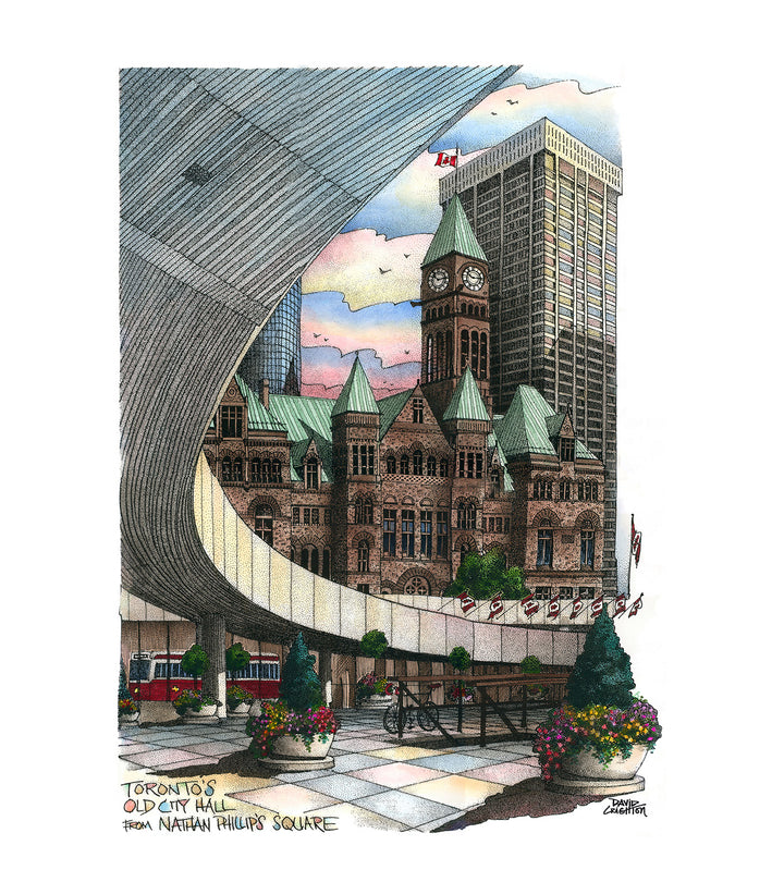 Illustration of a cityscape with a prominent clock tower and modern high-rise building. City hall and Nathan Philips Square. 