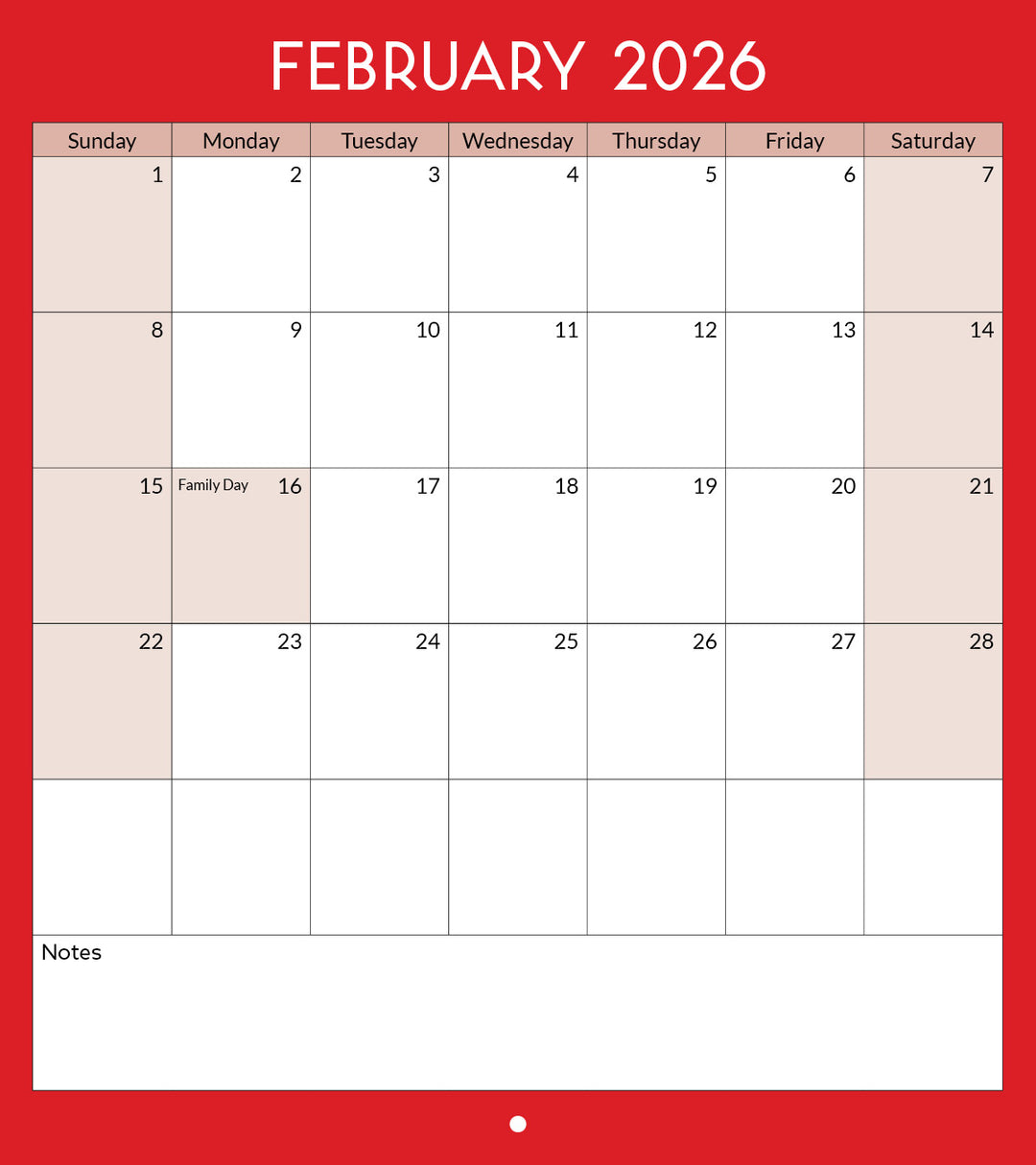 Calendar for February 2026 with a red border