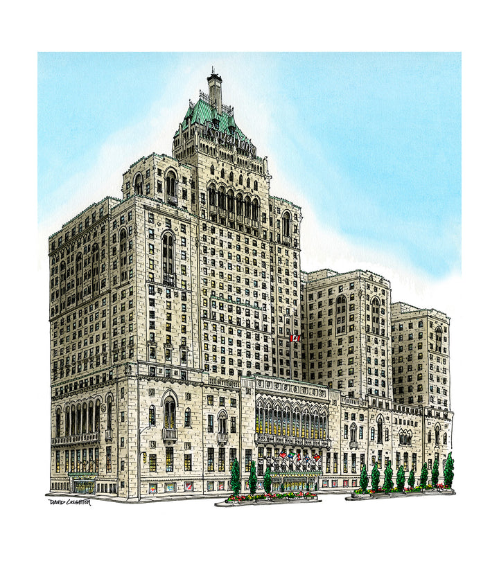 Illustration of a tall, ornate building with a blue sky background. Royal York Hotel. 