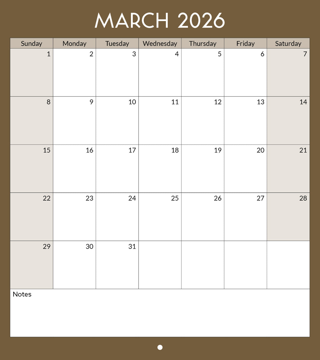 Calendar for March 2026 with a brown border