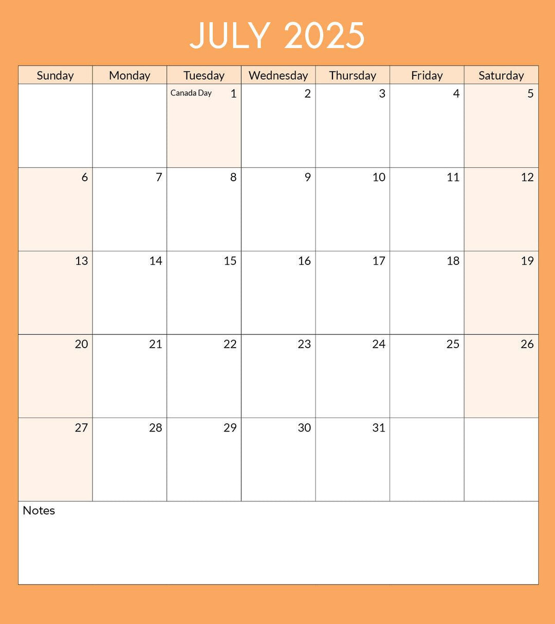 Toronto  Calendar Page: July 2025