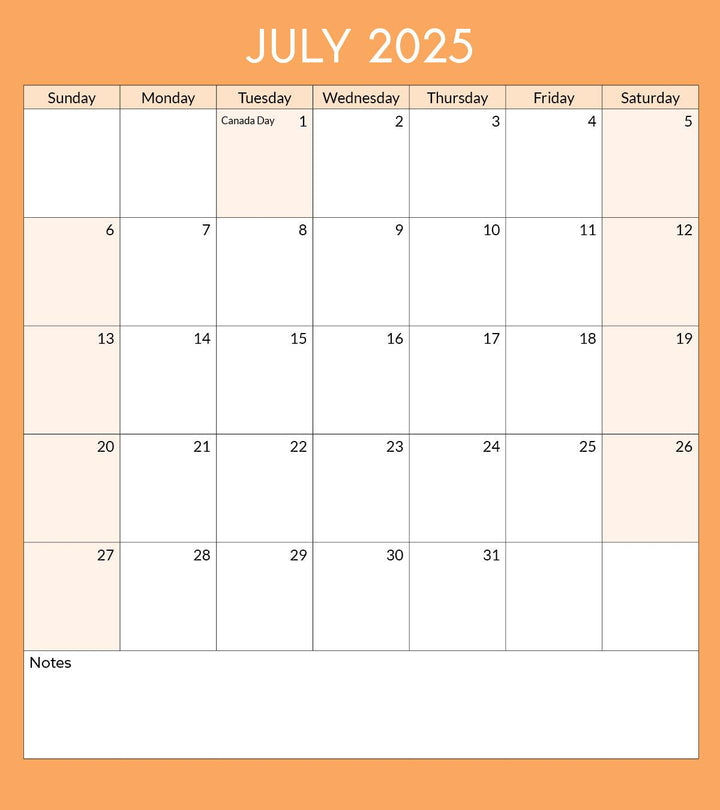 Toronto  Calendar Page: July 2025