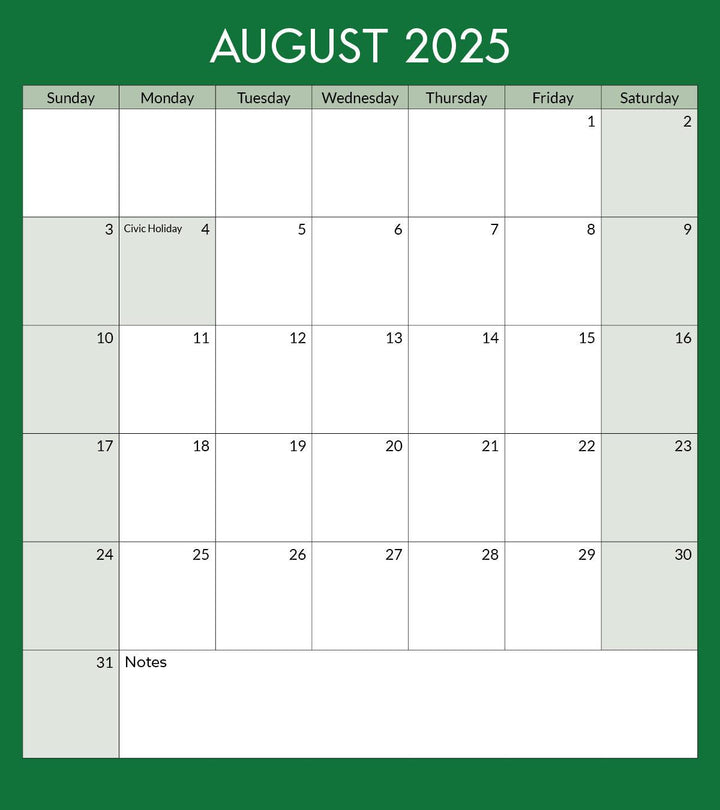 Toronto Calendar Page: August 2025