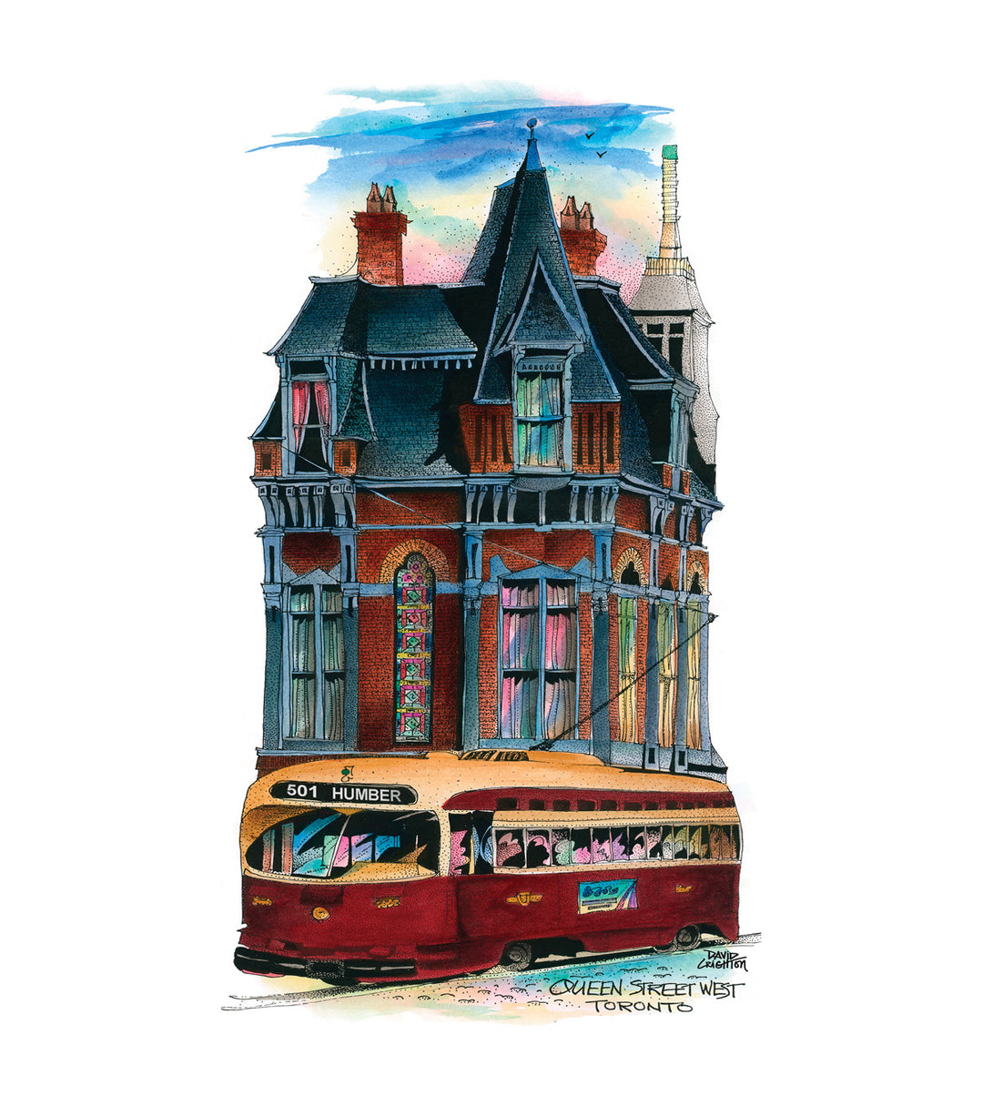 Illustration of a vintage streetcar with a Victorian-style building on top, featuring stained glass windows. Queen Street West