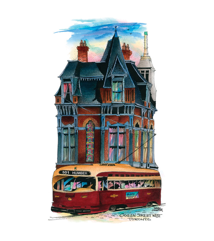 Illustration of a vintage streetcar with a Victorian-style building on top, featuring stained glass windows. Queen Street West