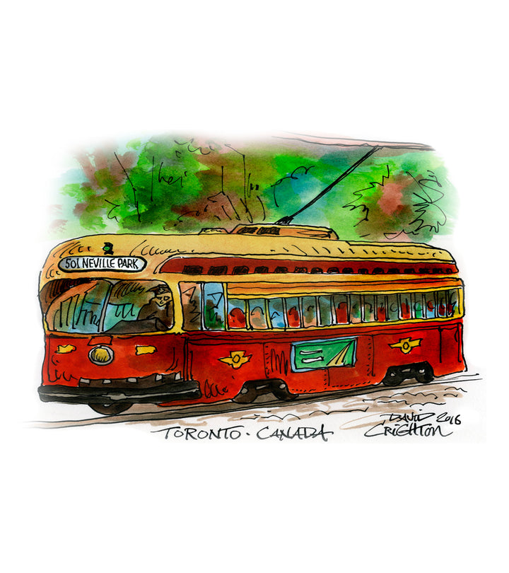Colorful illustration of a streetcar with 'Toronto, Canada' text on a white background. 501 Neville Park Streetcar