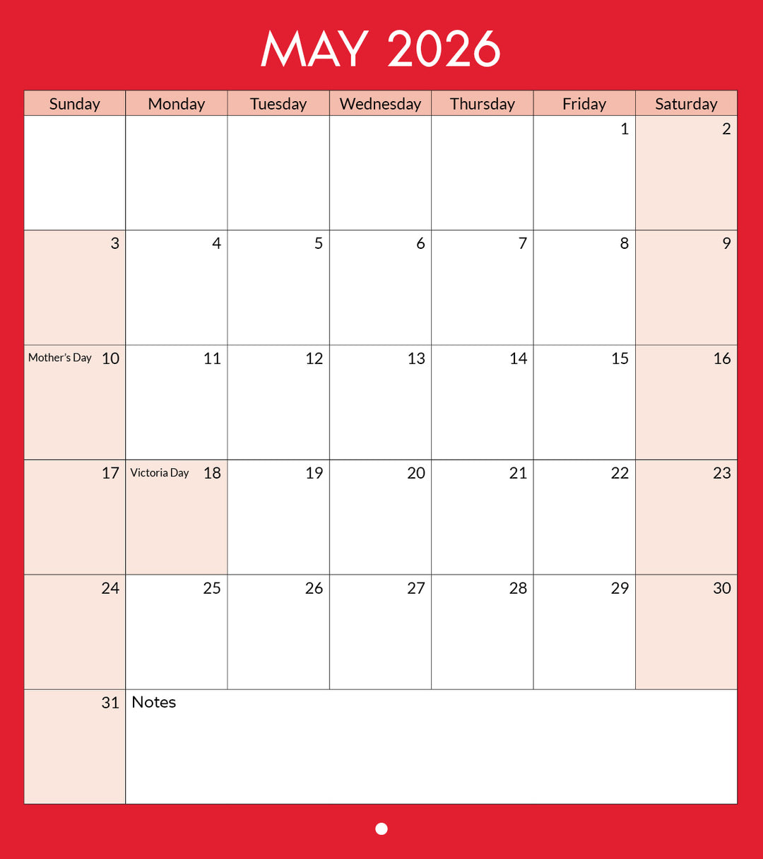 May 2026 calendar with a red border and beige background