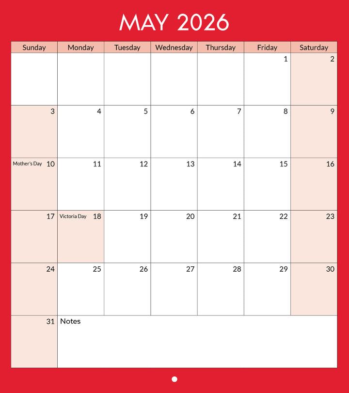 May 2026 calendar with a red border and beige background