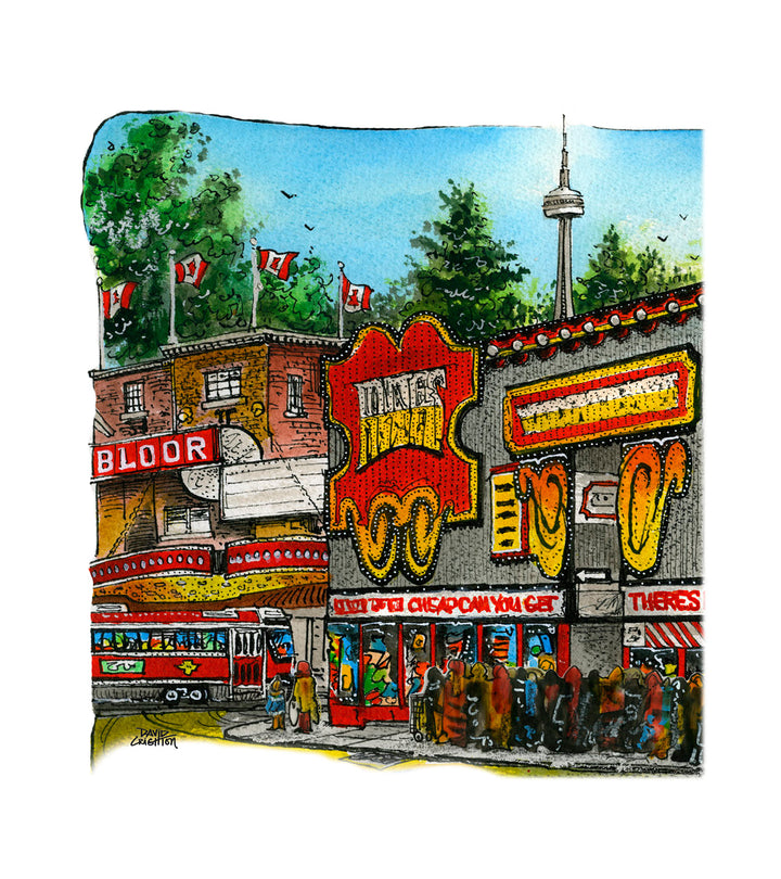 Illustration of a street scene with shops and a tower, featuring vibrant colors.