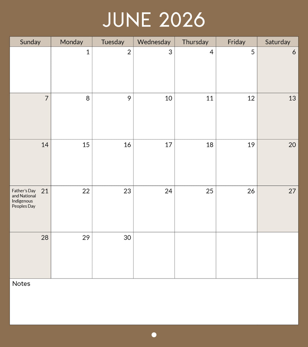 Calendar for June 2026 with a brown border