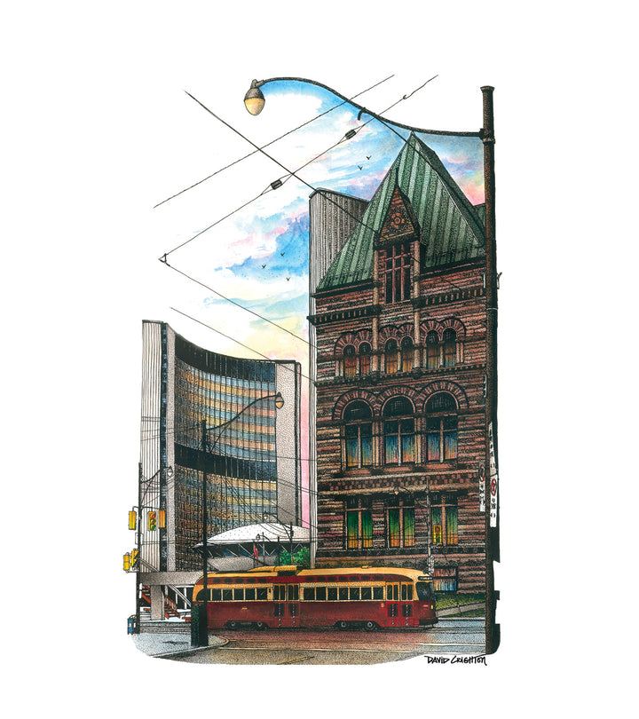 Illustration of a city street with modern and vintage buildings, a tram, and a streetlight. City Hall 