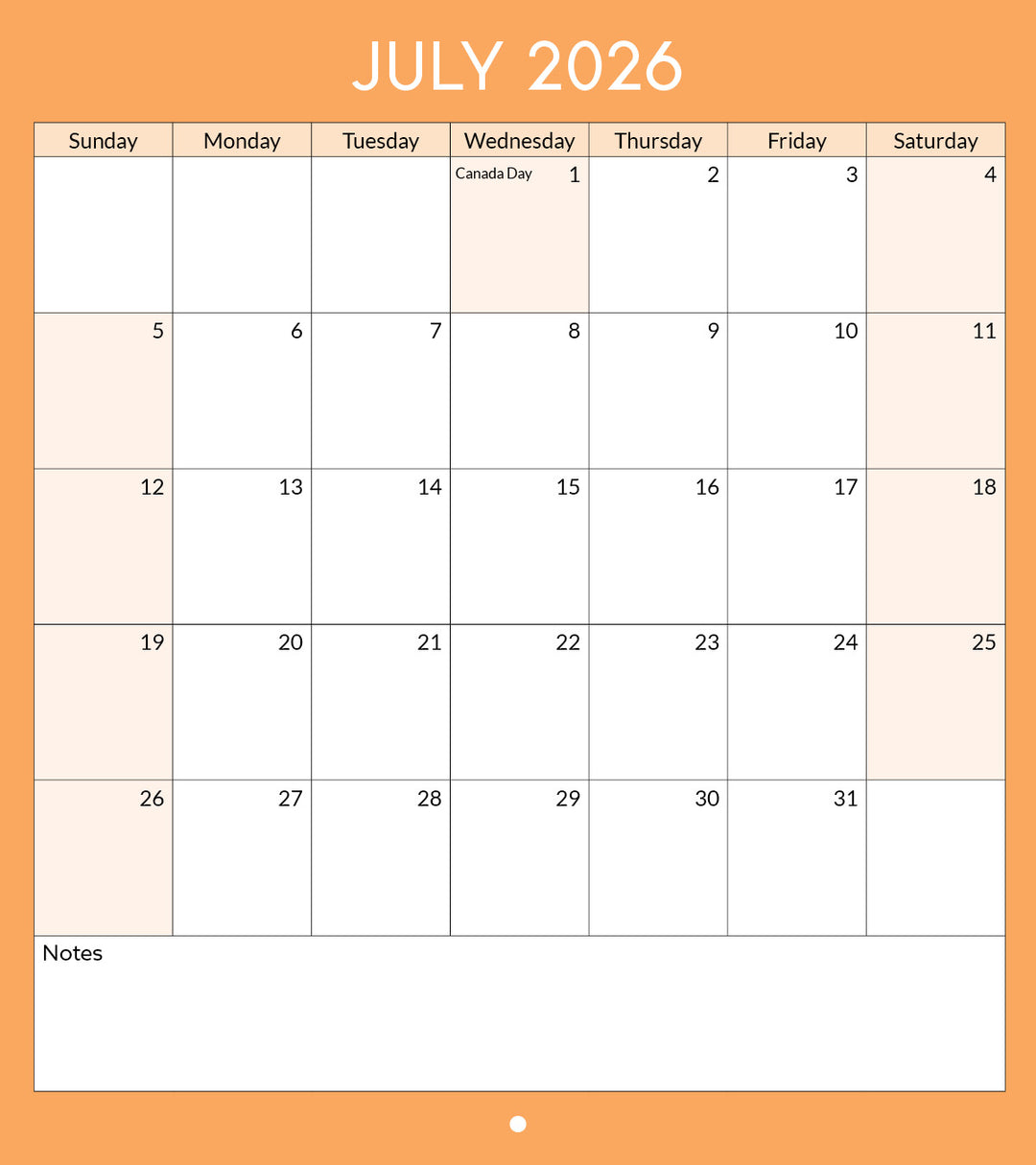 Calendar for July 2026 with a plain design on an orange background