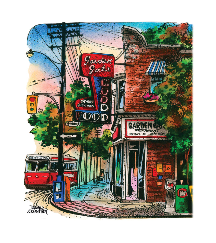 Colorful illustration of a street scene with 'Garden Gate' GOOF restaurant.