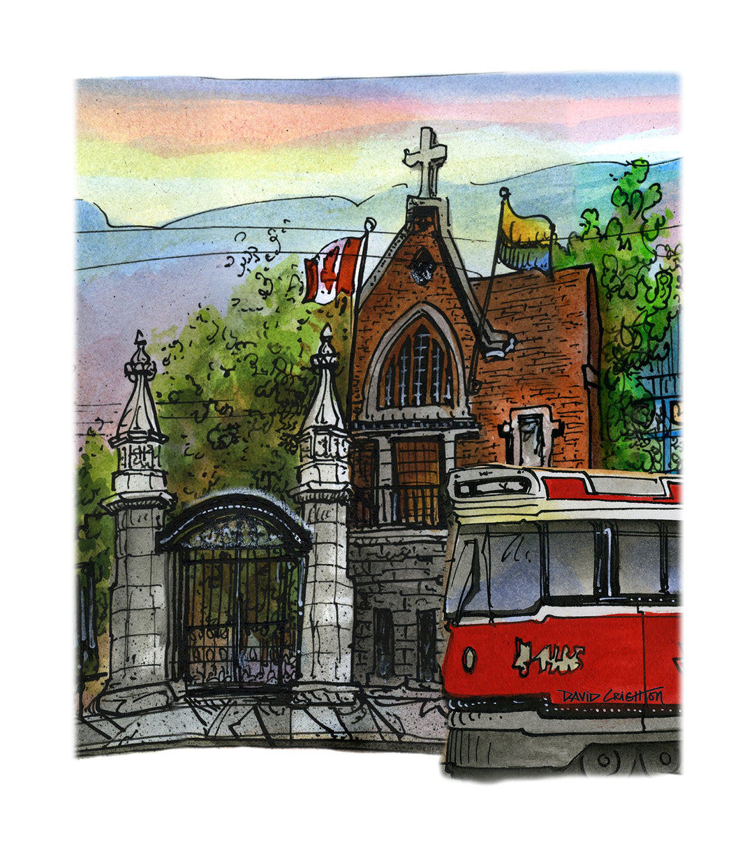 Artistic depiction of a church with a red and white tram in front, featuring a Canadian flag.