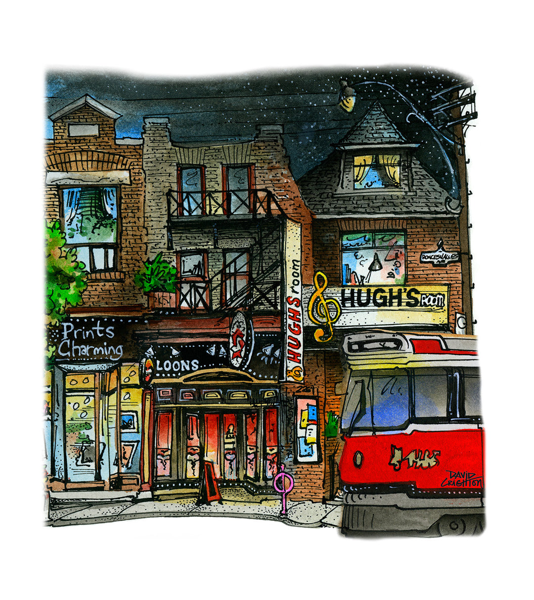 Illustration of a street scene with shops and a tram at night.