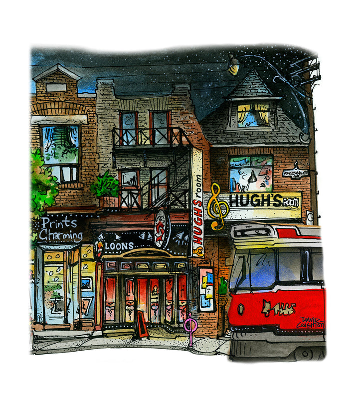 Illustration of a street scene with shops and a tram at night.