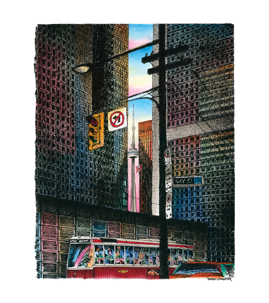 Collage of a city street scene with buildings, traffic lights, and a bus. King and Bay Street