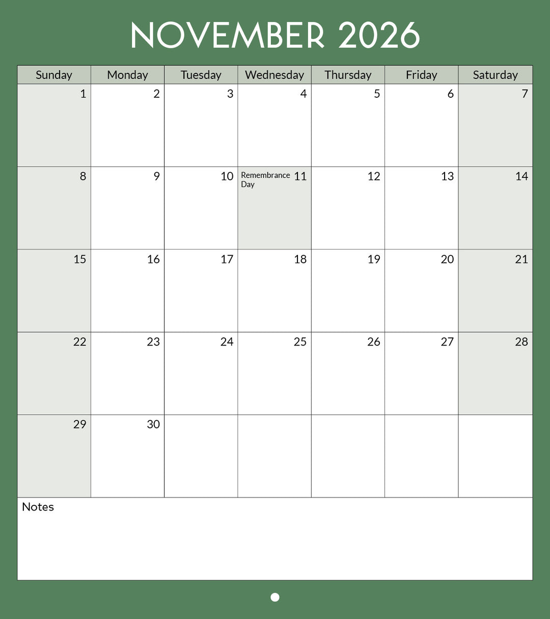 Calendar for November 2026 with a green border