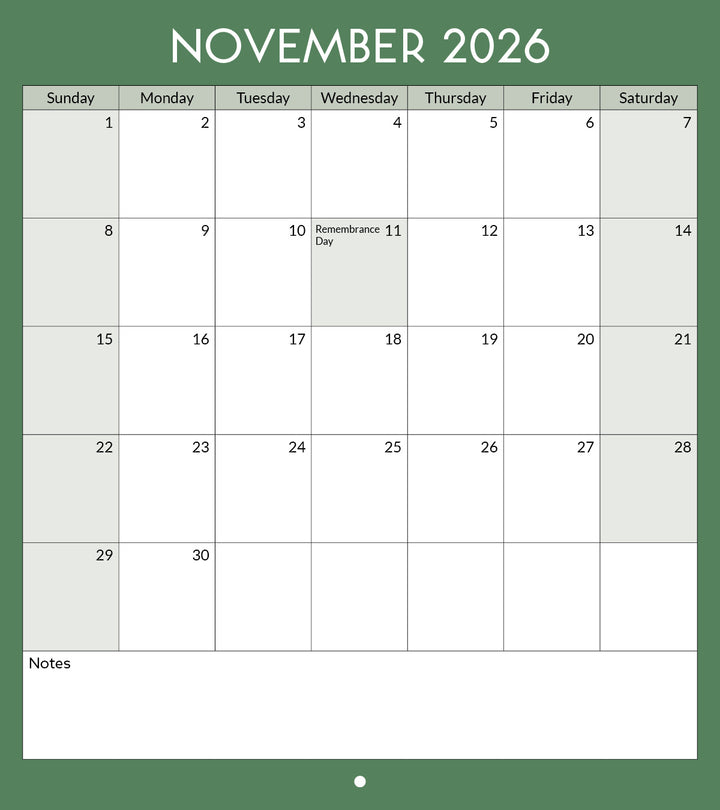 Calendar for November 2026 with a green border
