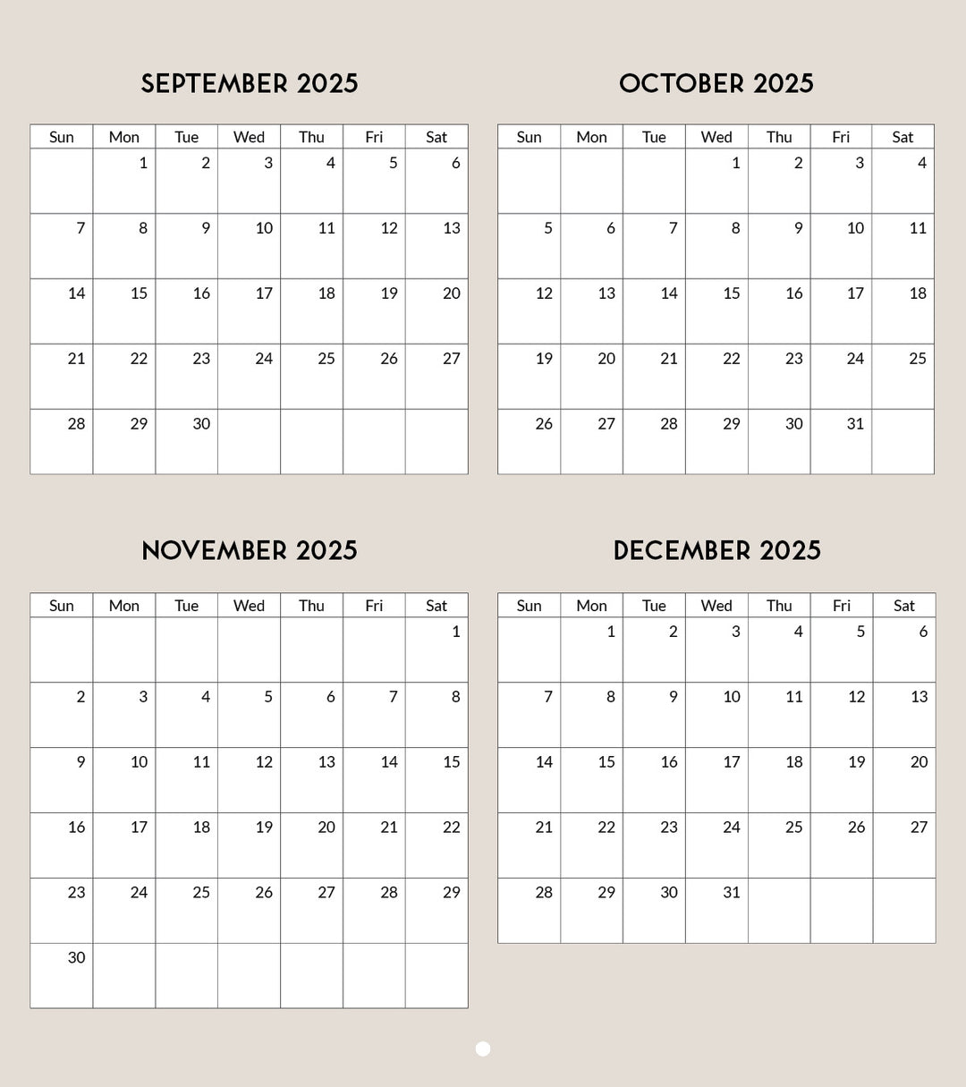Four-month calendar from September to December 2025 on a beige background