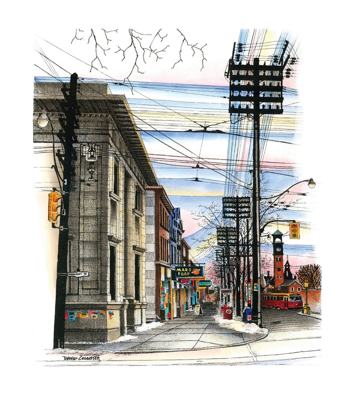 Illustration of a city street with buildings, traffic lights, and power lines.