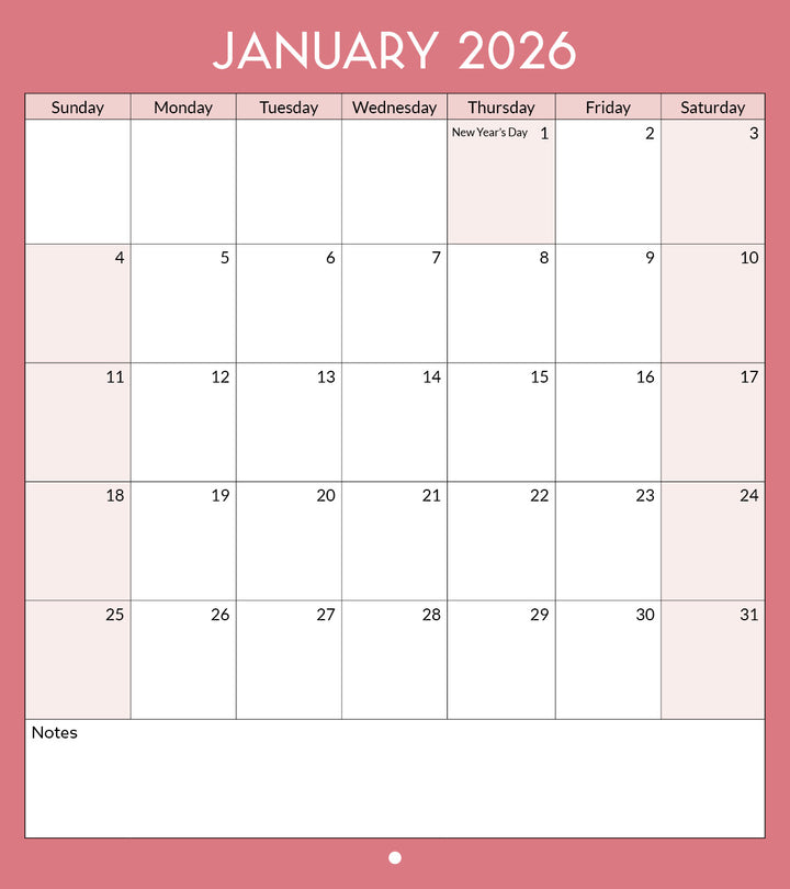 January 2026 calendar with a pink border and light pink background