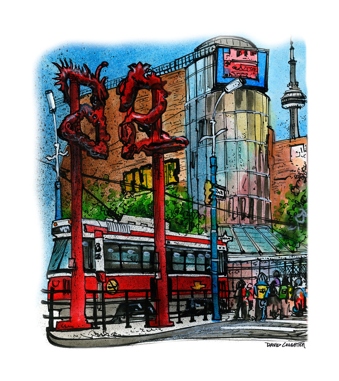 Colorful illustration of a city street with a red tram, people, and a prominent building with a sign. Chinatown