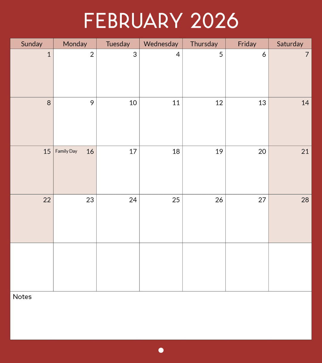 Calendar for February 2026 with a red border