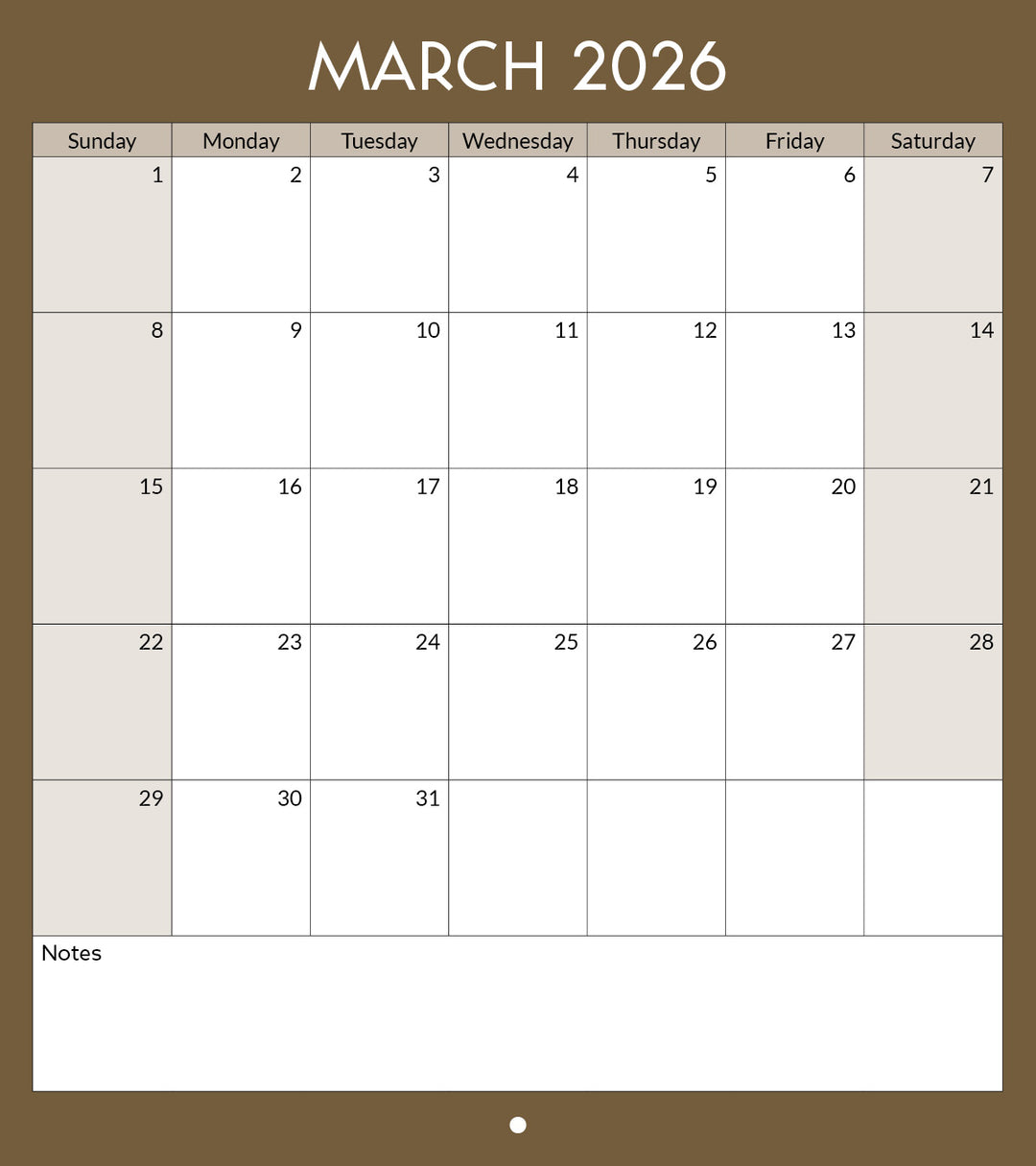 March 2026 calendar on a brown background