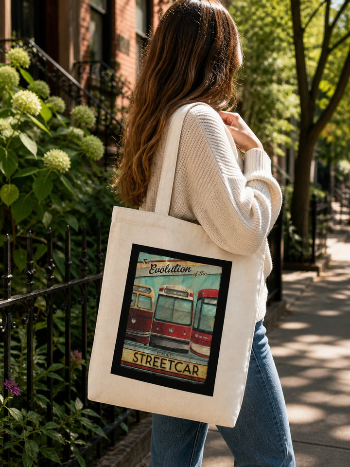 Woman with Evolution of Toronto Tote bag hanging off her shoulder on a city street in the summer