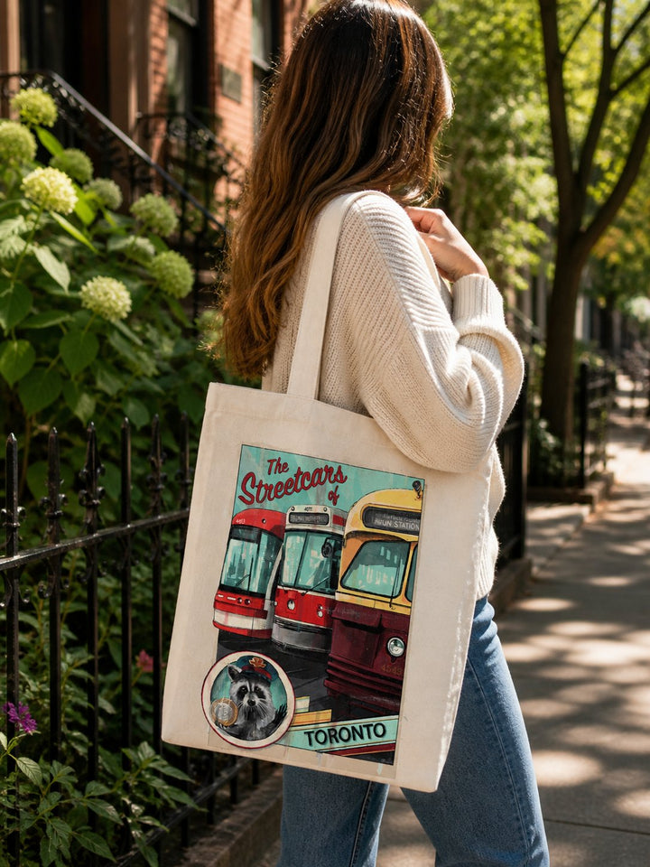 treetcars of Toronto Tote Bag — canvas tote with vintage streetcar and raccoon conductor art, illustrated by Rob Croxford