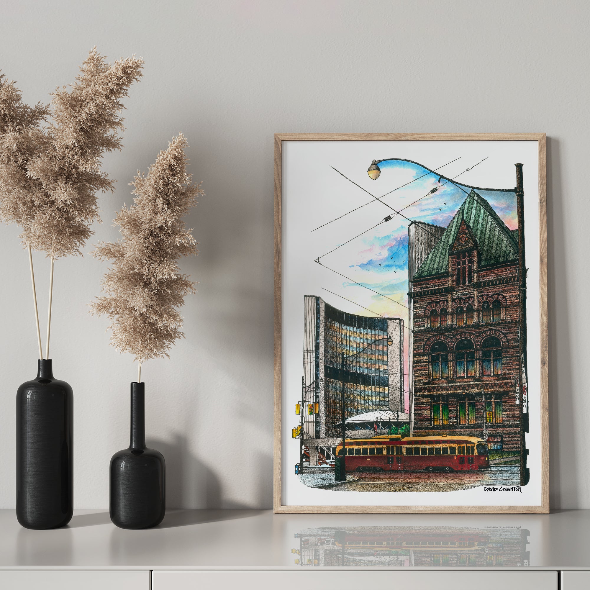 Old and New City Halls Poster on Mantel Piece Framed