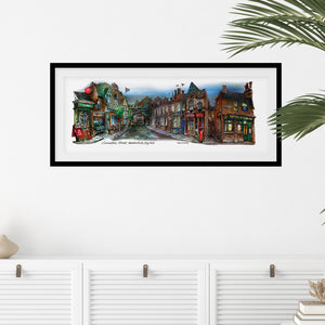 Coronation Street Glass Framed Print over White Sideboard with Plant