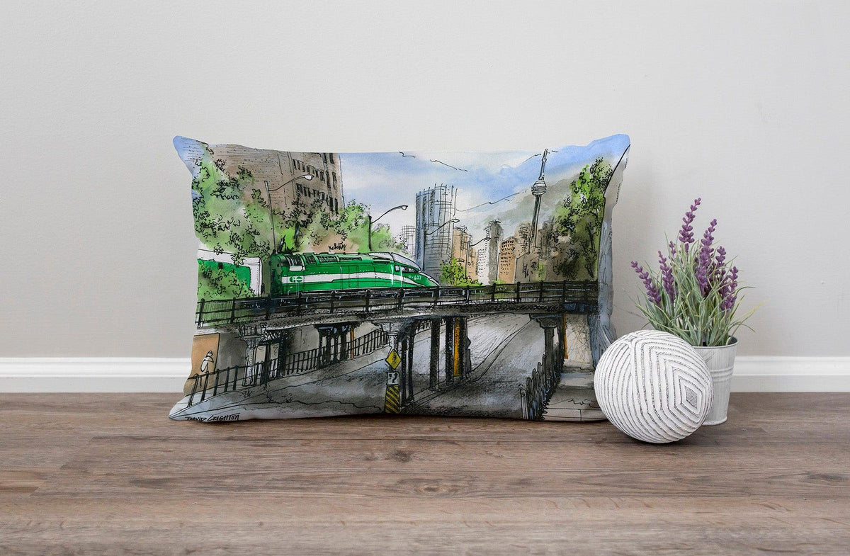 Go Train Lumbar Throw Pillow | Totally Toronto Art Inc. 