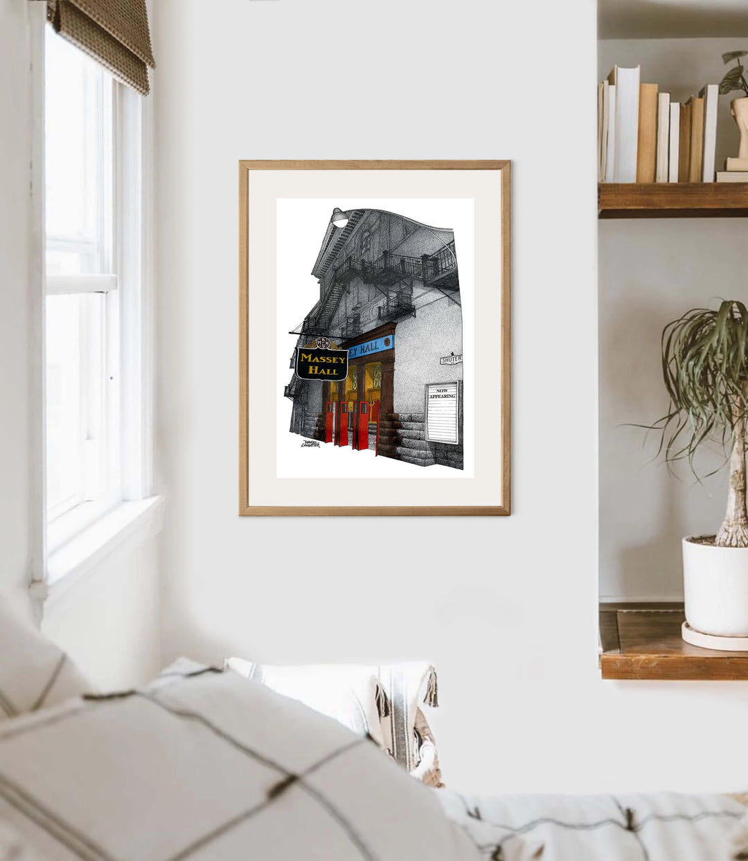 Massey Hall Glass Framed Art Print in Bedroom with Window