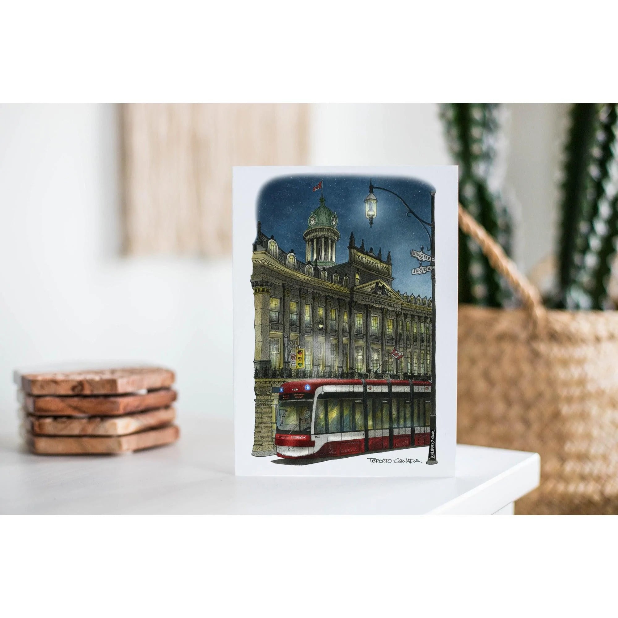 St. Lawrence Town Hall With Streetcar Night Greeting Card | Totally Toronto Art Inc. 